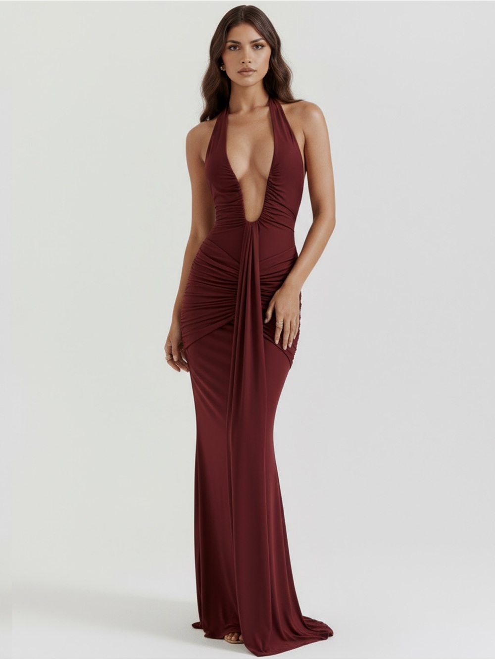 Plunge Halter Maxi Gown in Burgundy